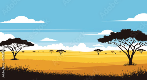 Beautiful savanna landscape vector illustration with silhouetted acacia trees and wild animals under a bright blue sky with white clouds, depicting a serene wilderness scene