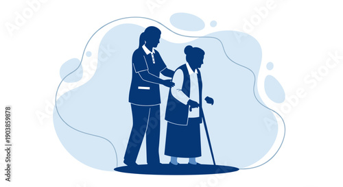 Caregiver helping an elderly woman with a walking cane in a flat vector illustration style representing senior healthcare, support, and assistance on a white background