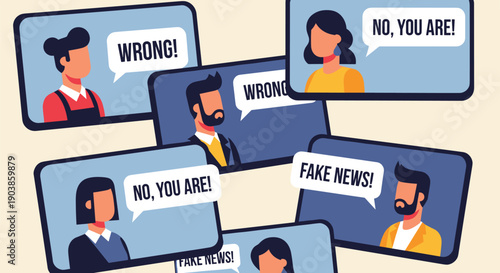 Multiple screens showing faceless people arguing online with speech bubbles containing accusations like wrong and fake news, representing digital conflict and misinformation