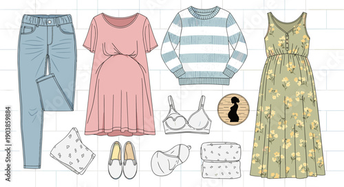 Maternity clothes and accessories set for expecting mothers, including jeans, dress, top, and bra, a flat lay vector illustration for a hospital bag checklist on a tiled background