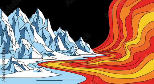 Contrasting landscape illustration of fire and ice with blue glacial mountains meeting a flowing red and orange lava river in a bold graphic style on a black background