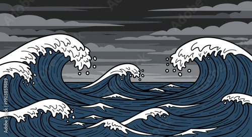 Large powerful ocean waves with white foam crests in a dramatic Japanese ukiyo-e style illustration of a turbulent sea during a storm under a dark and cloudy sky