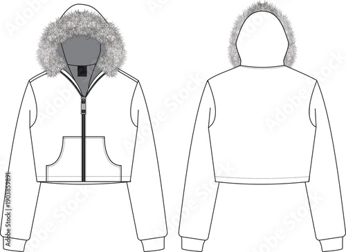 Crop Fur Zipper Hoodie Flat Sketch