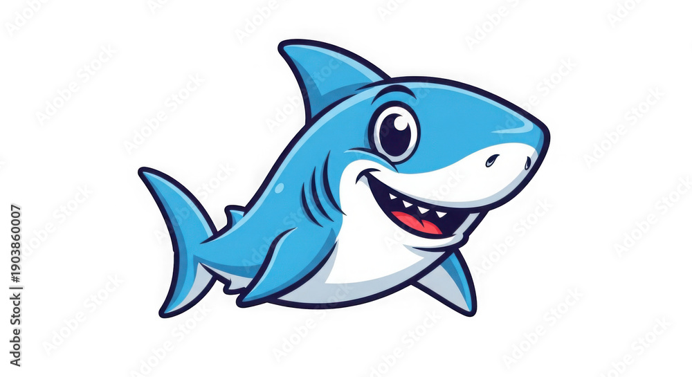 Obraz premium A cheerful cartoon shark with a big smile on a black background