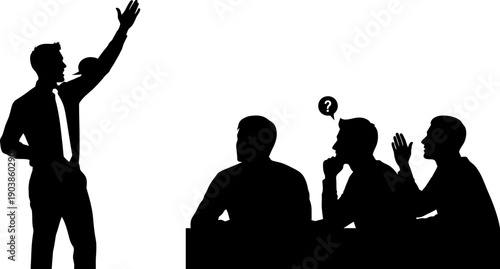 Silhouette of a man answering questions from a panel