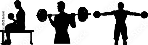 Silhouette of three men exercising with dumbbells and barbell