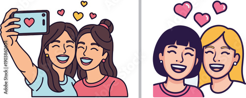 A comprehensive vector collection for Galentine's Day, featuring group selfies, hugging couples, disco balls, spa towels, champagne toasts, popcorn, cocktails, and heart-themed gifts.