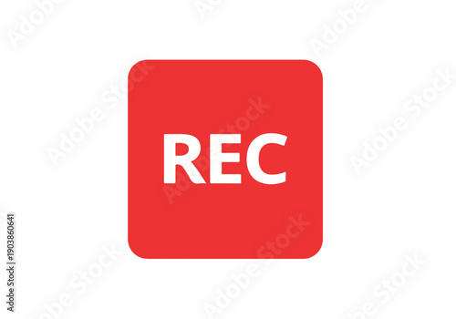 Prominent red 'REC' icon with rounded corners, signaling active recording status for video, audio, or broadcast applications, ideal for user interfaces and digital media projects