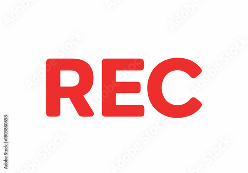 Prominent red 'REC' text on a clean white background, symbolizing active recording status for digital media, video, or audio capture across various platforms