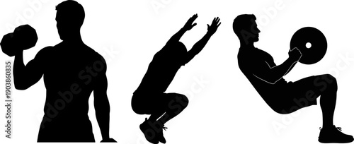 Silhouette of a man performing various weightlifting exercises with a dumbbell