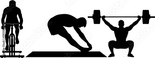 Silhouette of three individuals engaged in different exercise activities