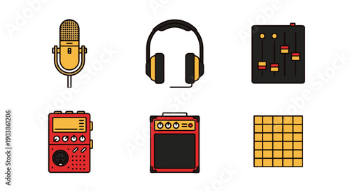 A collection of music equipment icons including microphone, headphones, and amplifiers displayed on a clean white background from a straightforward viewpoint.