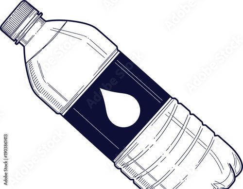 A simple illustration of a plastic water bottle with a label