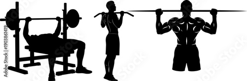 Silhouette of three individuals engaged in weightlifting exercises at the gym