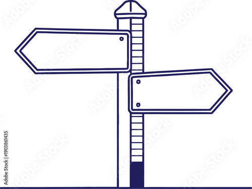 A directional signpost with two blank pointers on a white background