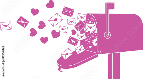 Vibrant pink mailbox with hearts and letters emerging