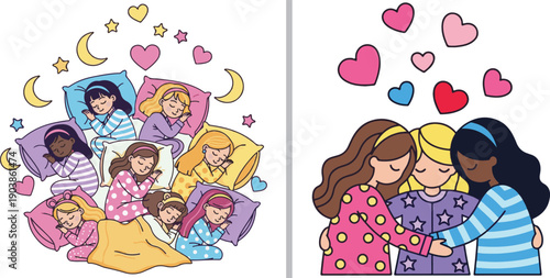 Two charming illustrations of diverse girls at a slumber party. One scene shows friends sleeping peacefully on pillows under moons and stars; the other depicts three friends in a warm group hug.