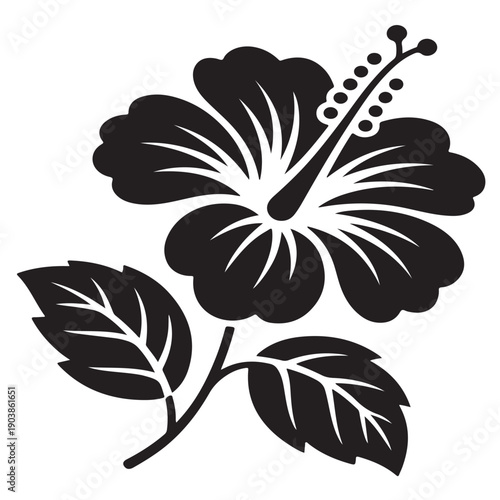 Silhouette graphic of tropical hibiscus flower with large petals stamen and pistil detail featuring attached leaves