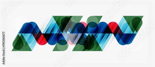 Abstract geometric pattern. Overlapping shapes create dynamic visual flow. Blue, green, red hues dominate composition. Modern design element.