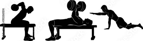 Black silhouettes of people performing various exercises with dumbbweight