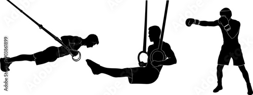 Silhouettes of people on swings and a boxer in a dynamic pose