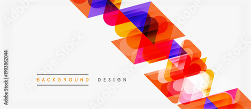 Abstract colorful geometric shapes overlap, creating dynamic modern background. Bright hues contrast white space. Design elements suggest movement, energy.
