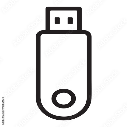 Usb flash drive icon in black outline style with small circle button on bottom front against transparent background data storage device
