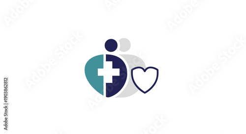 Healthcare and Medical Support Icons with People, Cross, and Heart, Isolated White Background.