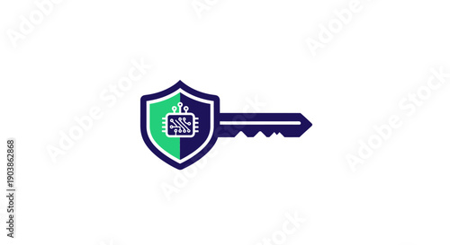 Digital Security Key within Shield with Microchip Icon for Data Protection, Isolated White Background.