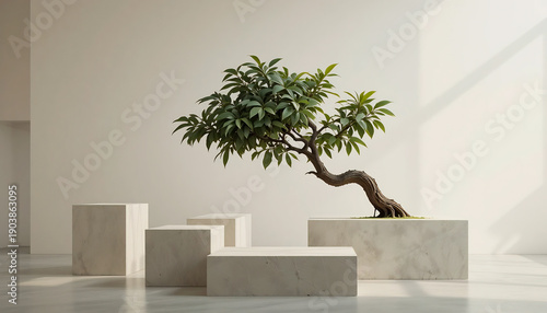 White Stone Podiums with Bonsai Tree in Minimal Interior