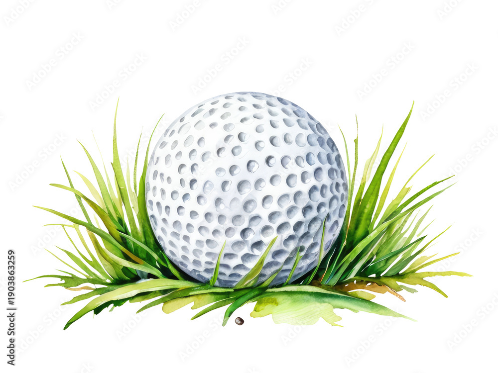 Fototapeta premium A watercolor painting of a golf ball resting on lush green grass, perfect for use in sports-themed designs and graphics