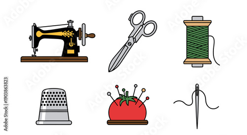 Sewing machine, scissors, thread, thimble, and pin cushion arranged neatly on a clean white surface, showcasing various sewing tools and accessories from a direct overhead viewpoint