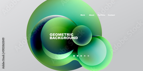 Abstract design features flowing shapes, vibrant green hues, dark background. Text displays portfolio information, simple dots below.