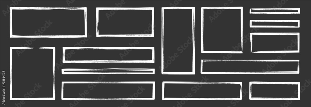 Obraz premium Frame brush rectangle set. Frame rectangle border brush stroke with chalk rough line and square shape. Hand drawn doodle pencil texture sketch outline border on blackboard. Vector illustration
