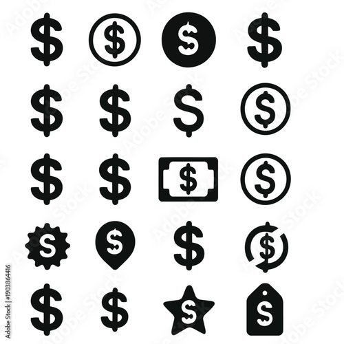 A collection of various black dollar sign icons and symbols arranged in a grid pattern