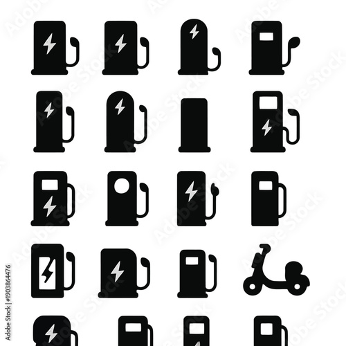 A collection of black silhouette icons depicting electric vehicle charging stations and plugs high quality