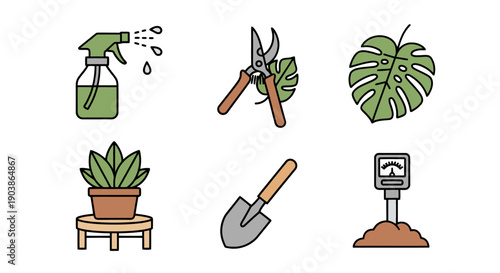Gardening tools and plants arranged neatly, featuring a watering can, pruning shears, and potted plant on a simple background from a straightforward viewpoint.