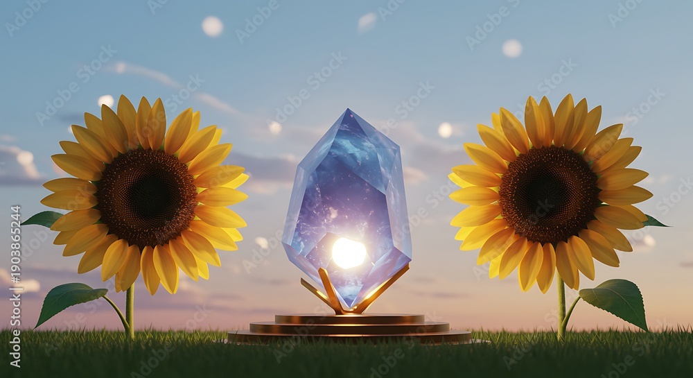 Obraz premium Beautiful glowing crystal gemstone placed between two sunflowers under a dreamy sky