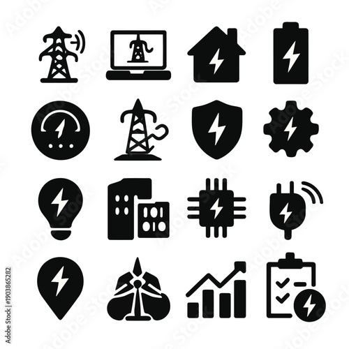 Black icons depicting energy sources power technology and infrastructure concepts in a grid high quality