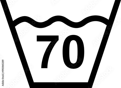 A basin of water with the number 70°C inside. Wash in hot water. Hot wash. Clothing marking. Warning symbol. Information about safe washing temperatures on the clothing label.