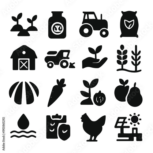 Black silhouette icons depicting various elements of farming agriculture and rural life high quality professional