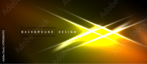Abstract yellow light streaks over black background. Bright central glow creates dynamic visual effect. Modern design element.