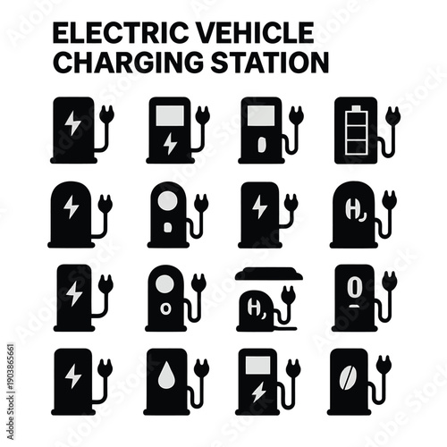 A collection of black electric vehicle charging station icons representing various connector types high quality