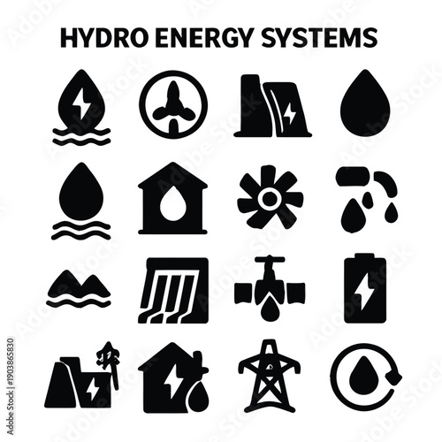 A collection of black glyph icons representing various aspects of hydro energy systems high quality