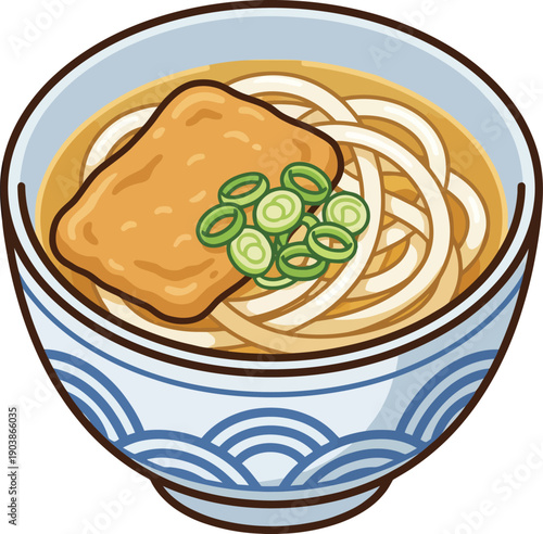 Top‑down illustration of steaming noodles served in a blue‑wave ceramic bowl, highlighting warm broth, tofu, sesame, onion and comforting cuisine