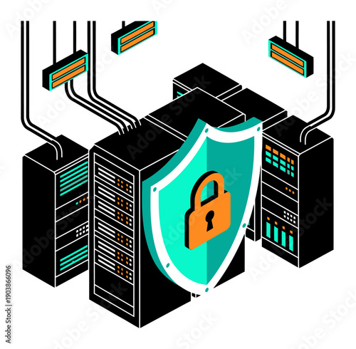 Isometric Server Room Security - Cybersecurity Shield