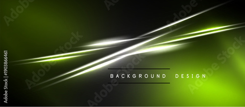 Abstract background features dynamic light streaks. Green, gray, black colors blend creating modern visual effect. Simple text overlay present.