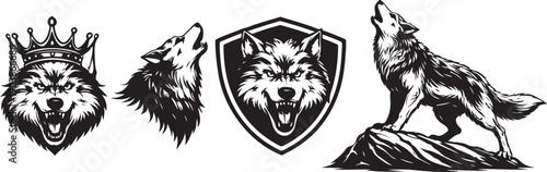 Premium black and white vector wolf design featuring four artistic styles including howling pose, mountain stance, roaring emblem and attack motion, clean white background monochrome artwork