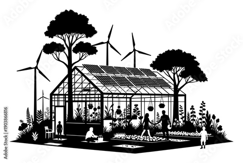 Canvas Print Solarpunk Greenhouse - Minimalist Vector Illustration