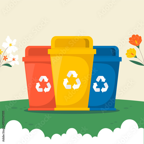 Colorful recycling bins for waste separation and environmental protection.